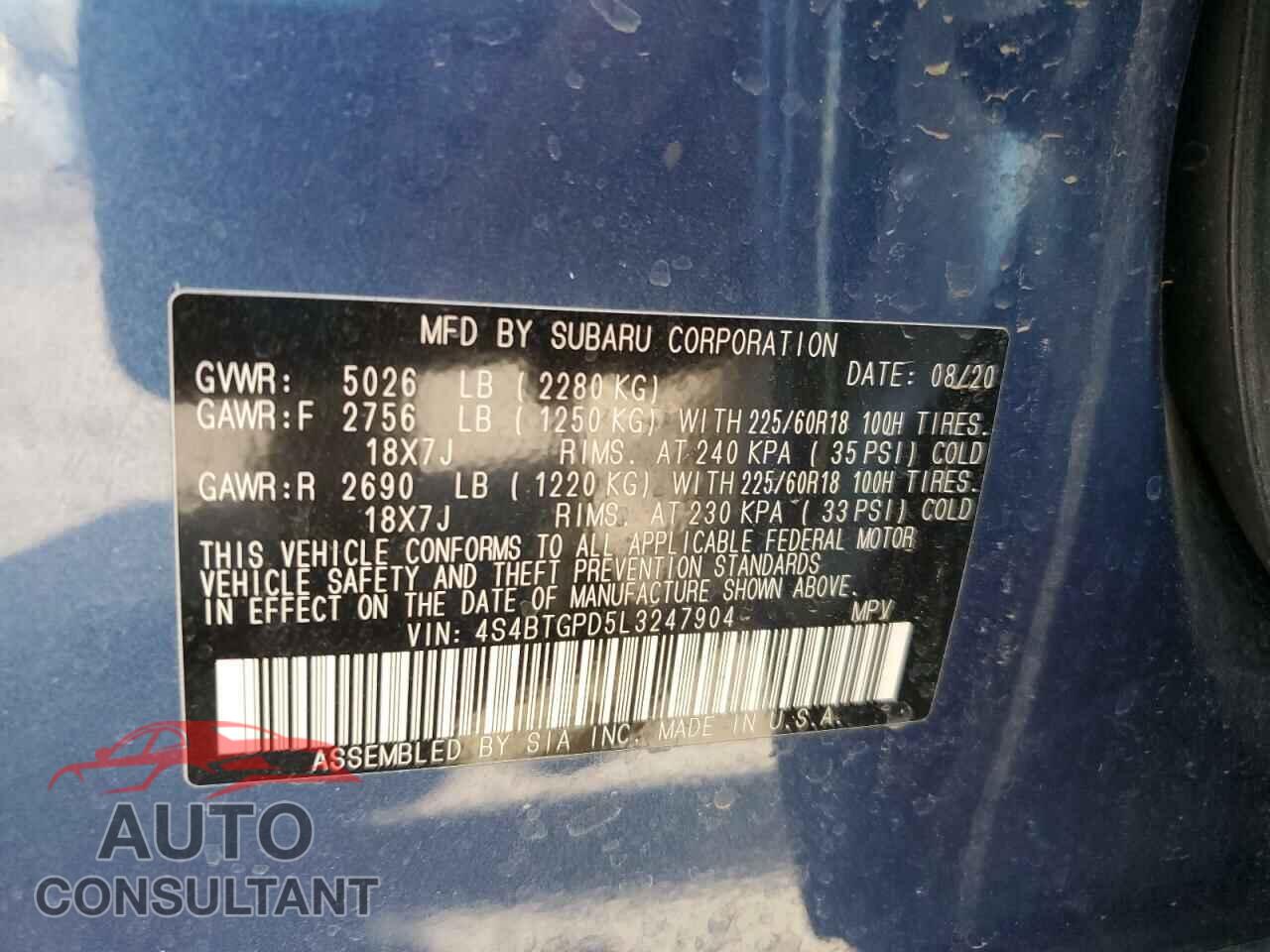SUBARU OUTBACK 2020 - 4S4BTGPD5L3247904