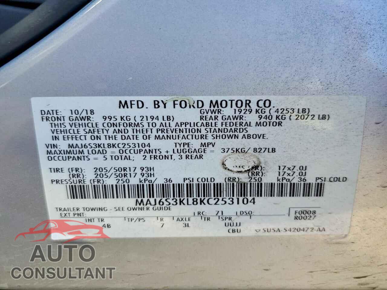 FORD ECOSPORT 2019 - MAJ6S3KL8KC253104
