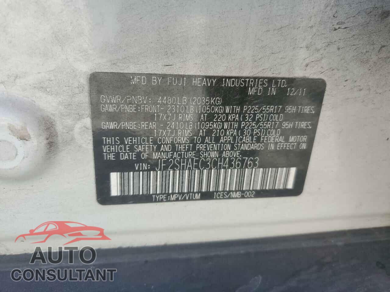 SUBARU FORESTER 2012 - JF2SHAEC3CH436763