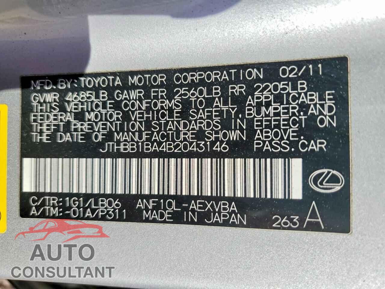 LEXUS HS 2011 - JTHBB1BA4B2043146