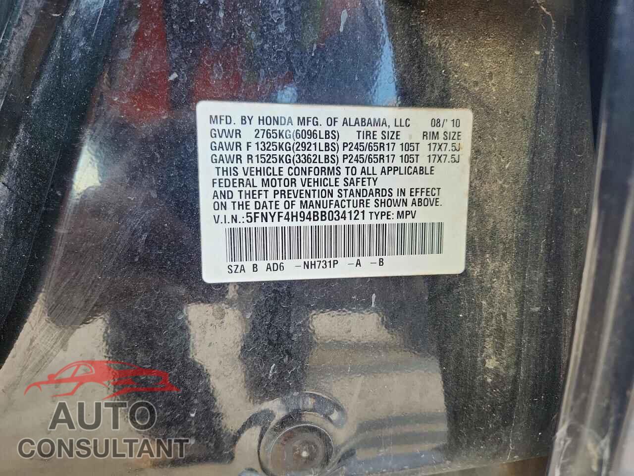 HONDA PILOT 2011 - 5FNYF4H94BB034121