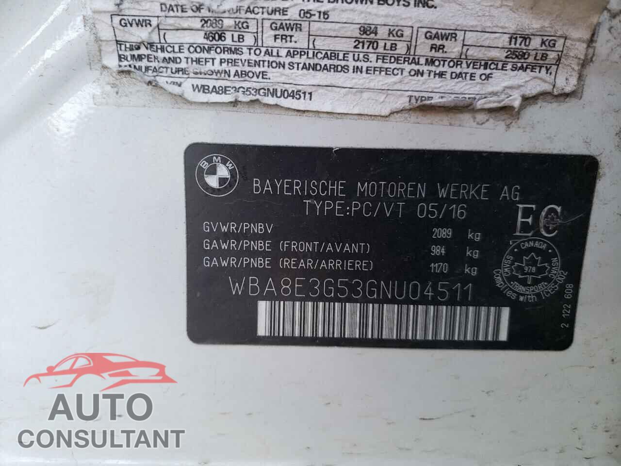 BMW 3 SERIES 2016 - WBA8E3G53GNU04511