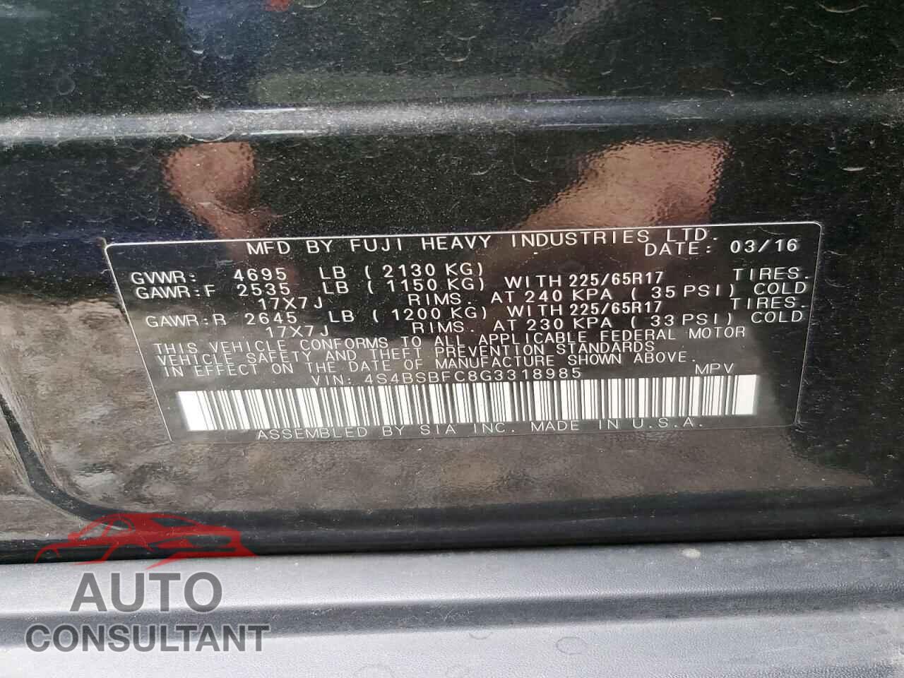 SUBARU OUTBACK 2016 - 4S4BSBFC8G3318985