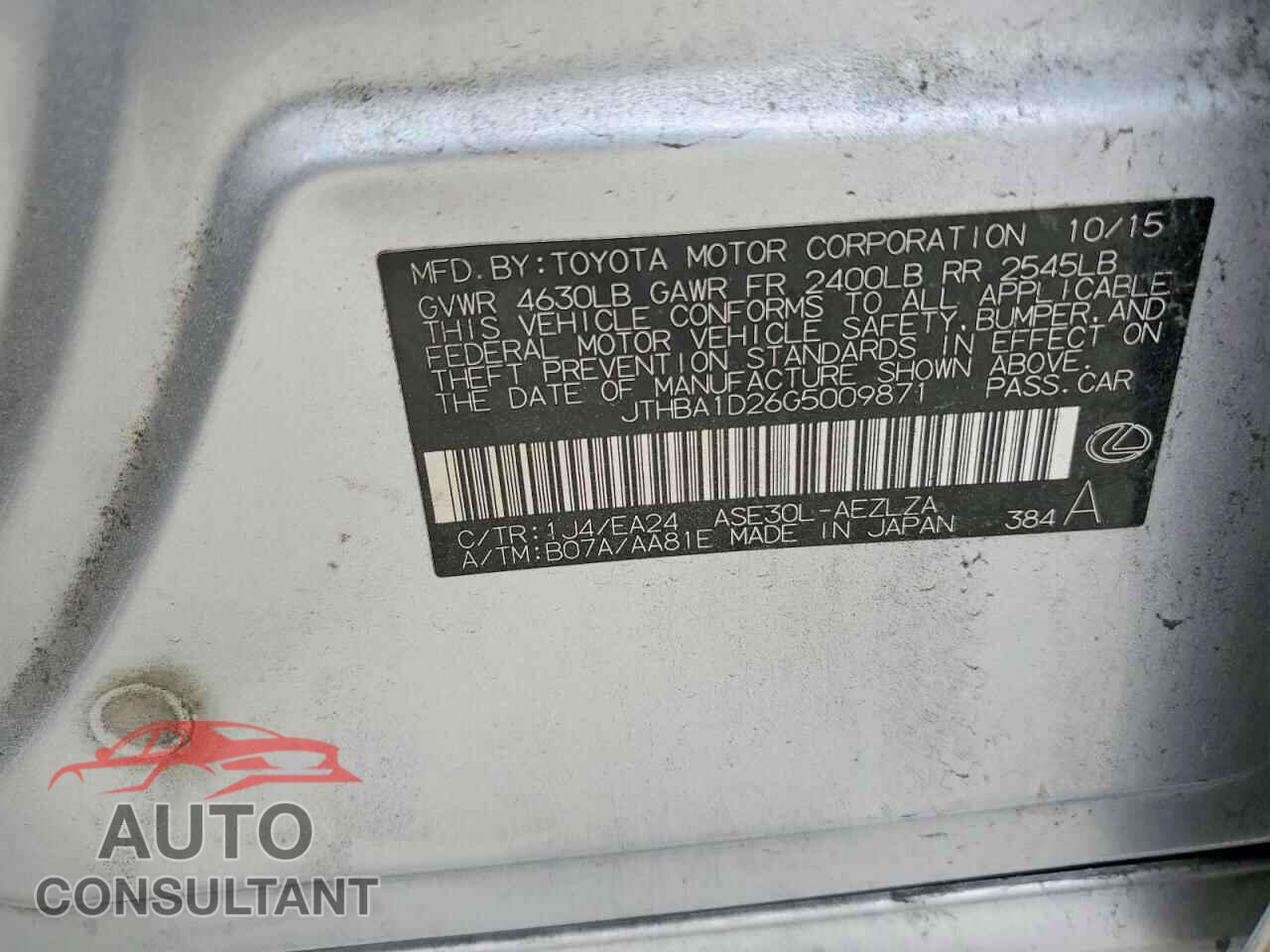 LEXUS IS 2016 - JTHBA1D26G5009871