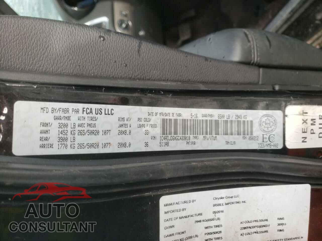 DODGE DURANGO 2016 - 1C4RDJDGXGC433018