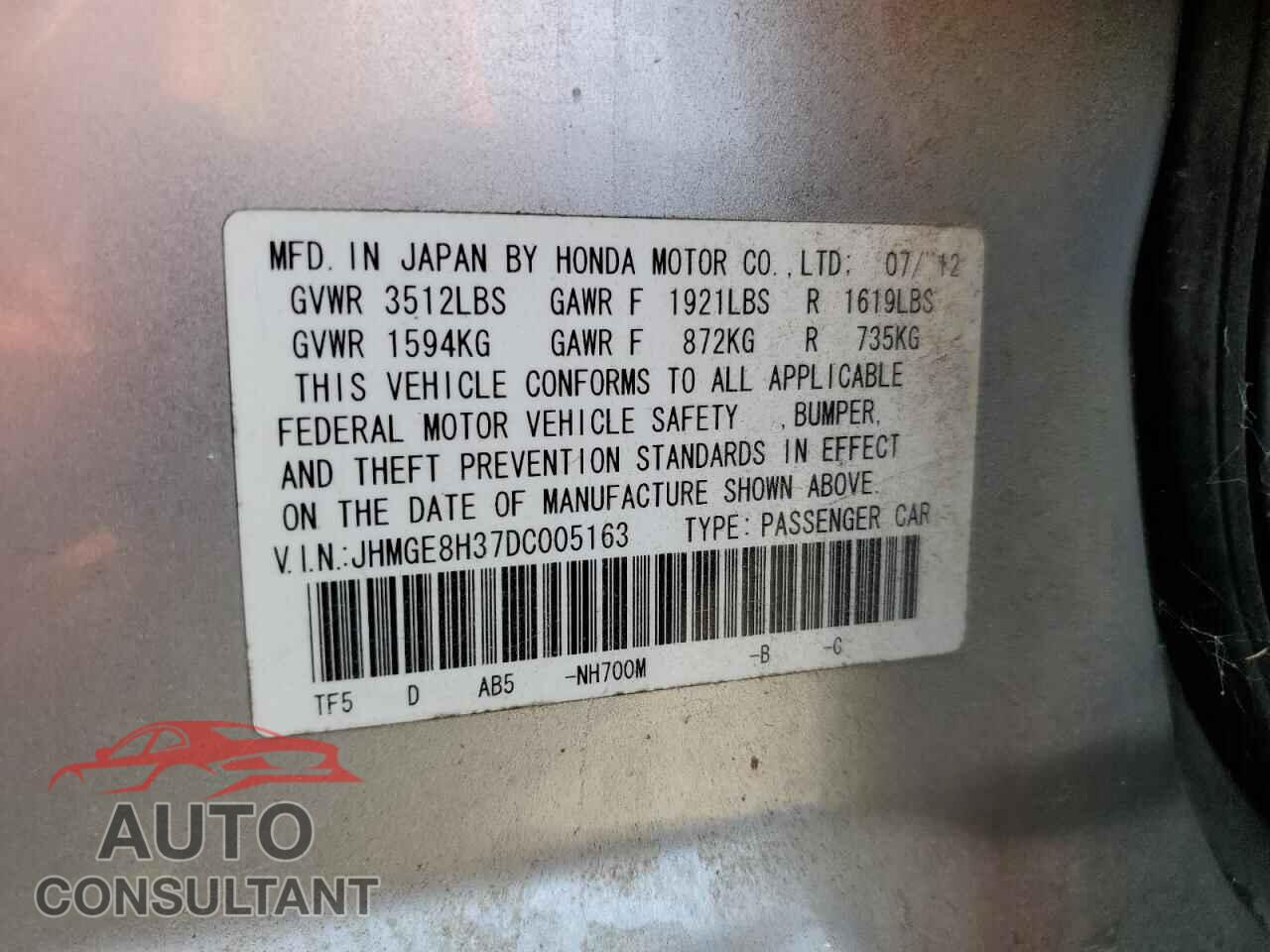 HONDA FIT 2013 - JHMGE8H37DC005163