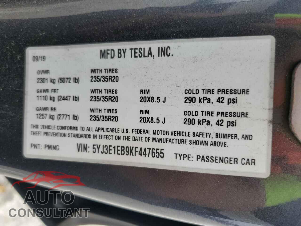 TESLA MODEL 3 2019 - 5YJ3E1EB9KF447655