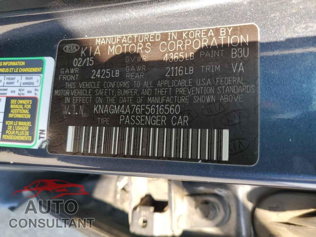 KIA OPTIMA 2015 - KNAGM4A76F5616560