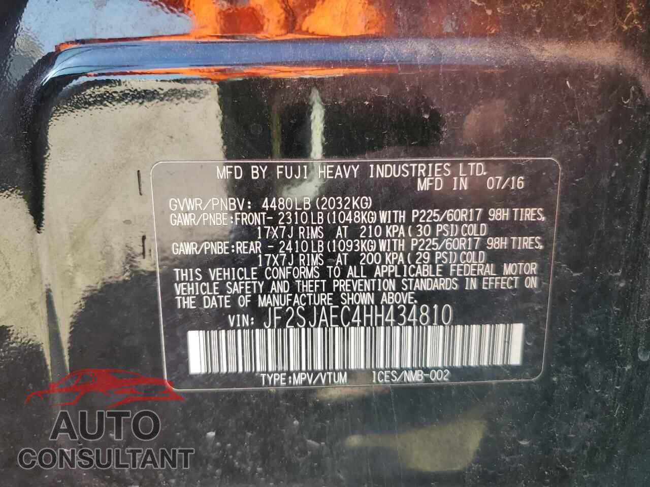 SUBARU FORESTER 2017 - JF2SJAEC4HH434810