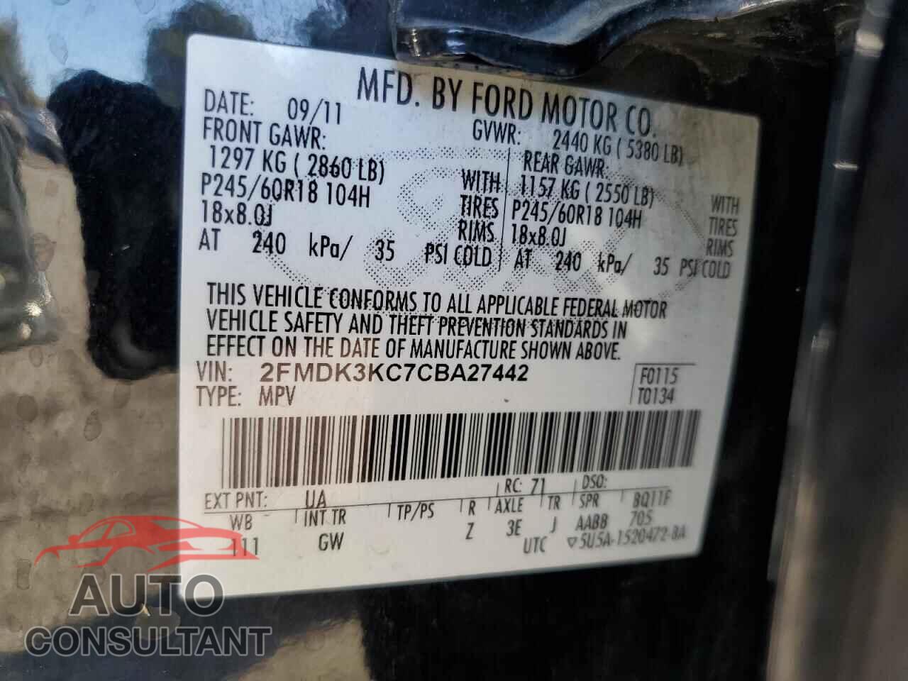 FORD EDGE 2012 - 2FMDK3KC7CBA27442