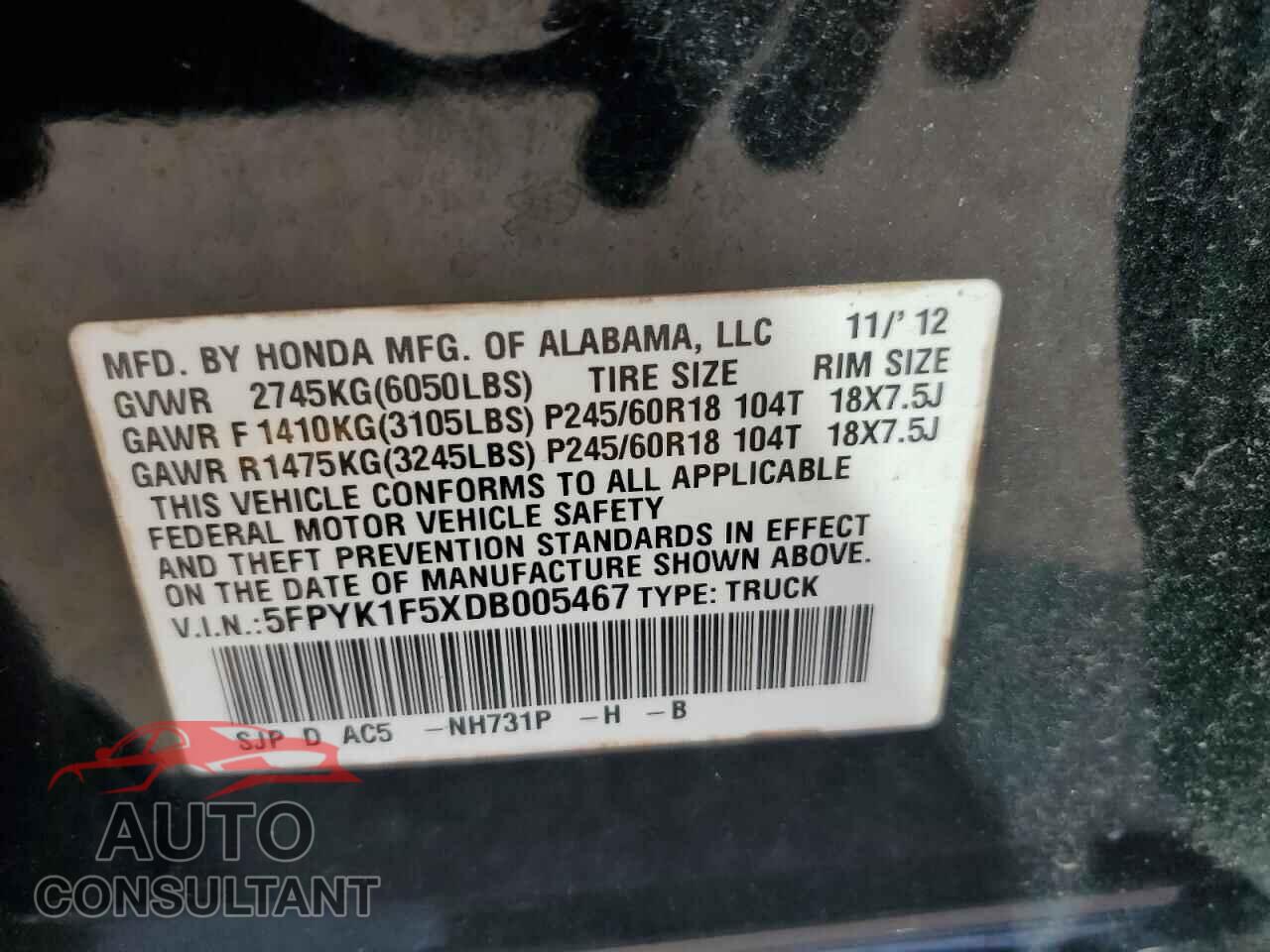 HONDA RIDGELINE 2013 - 5FPYK1F5XDB005467