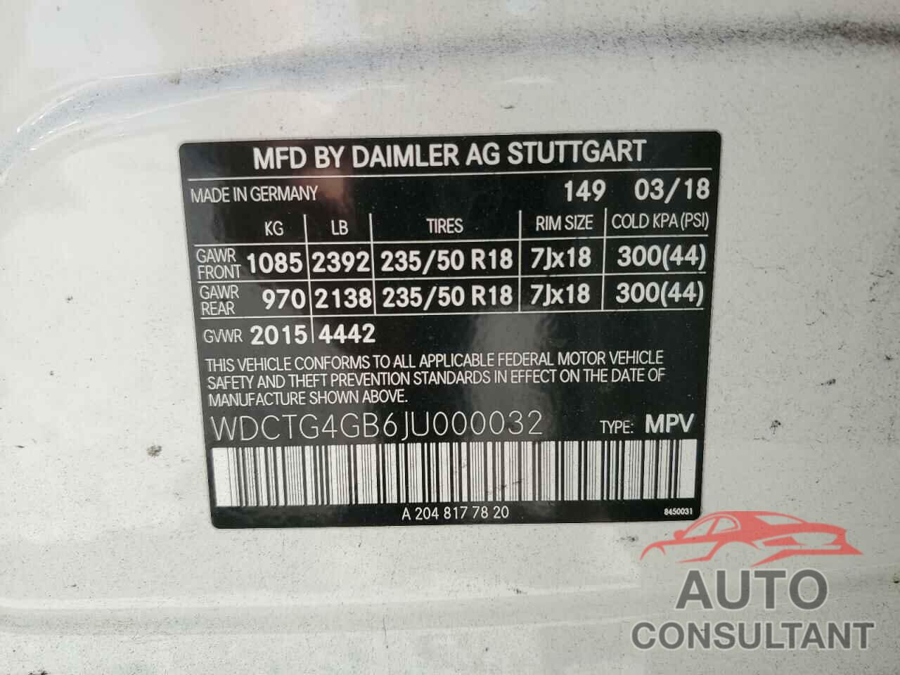 MERCEDES-BENZ GLA-CLASS 2018 - WDCTG4GB6JU000032
