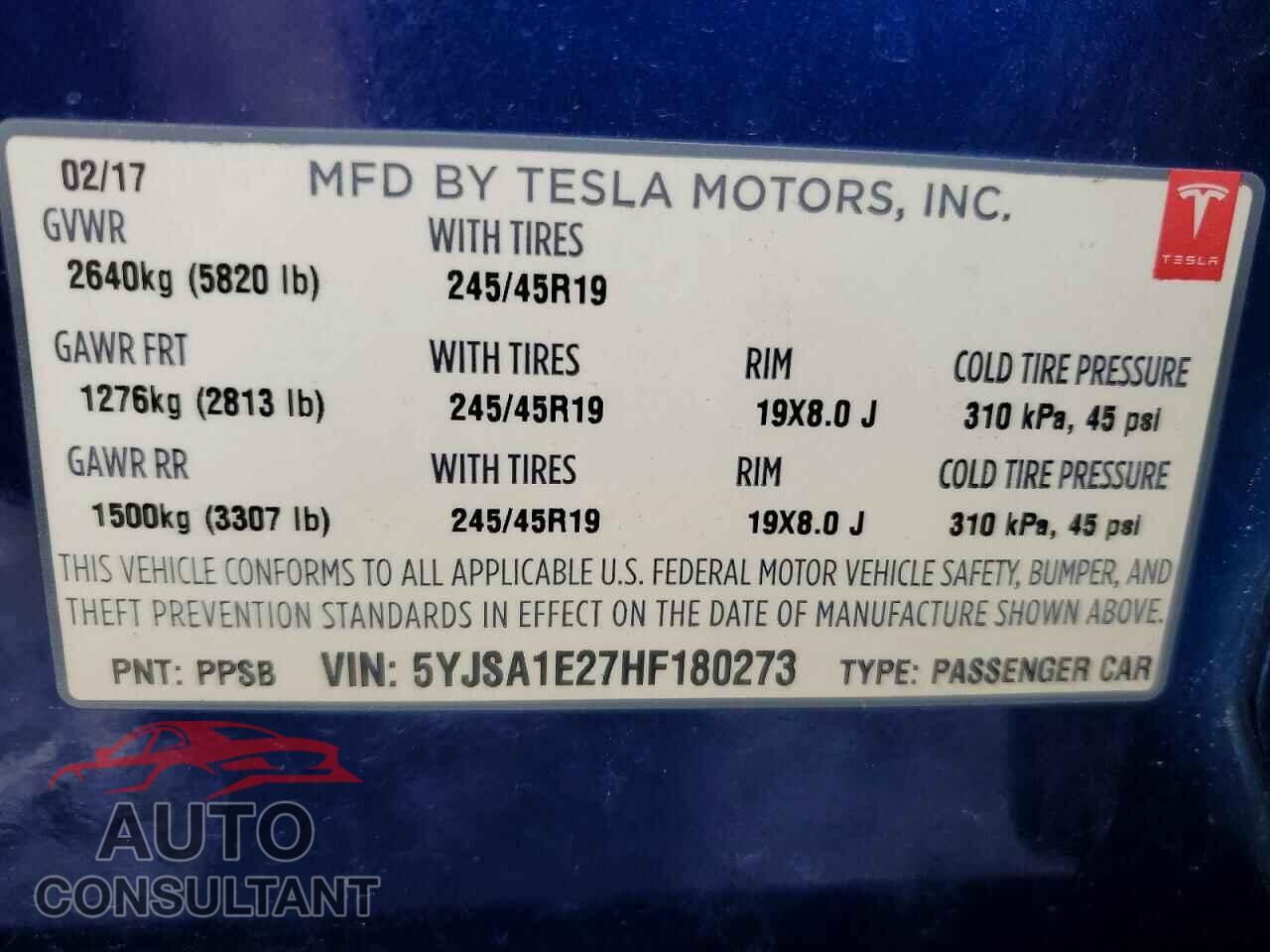 TESLA MODEL S 2017 - 5YJSA1E27HF180273
