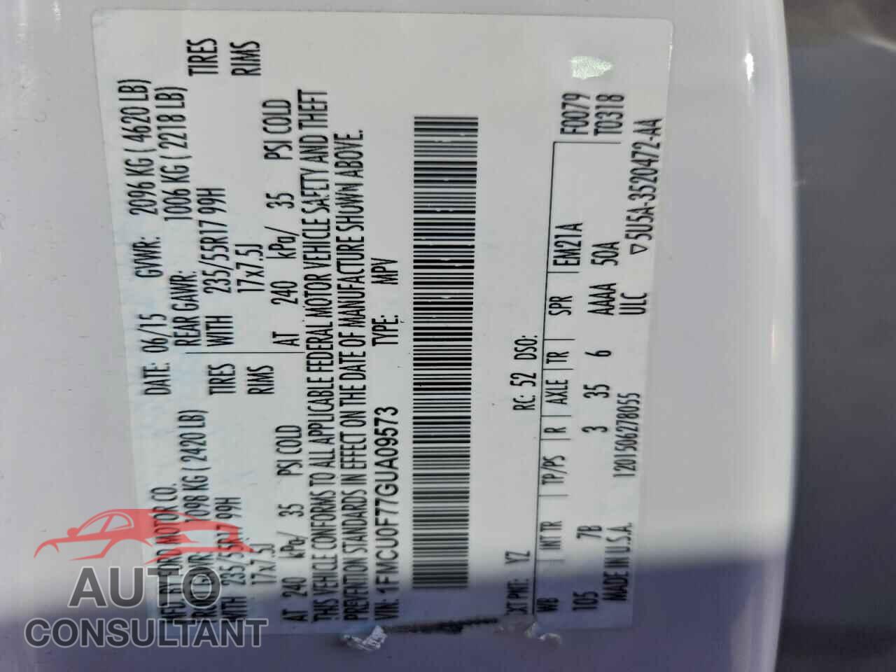 FORD ESCAPE 2016 - 1FMCU0F77GUA09573