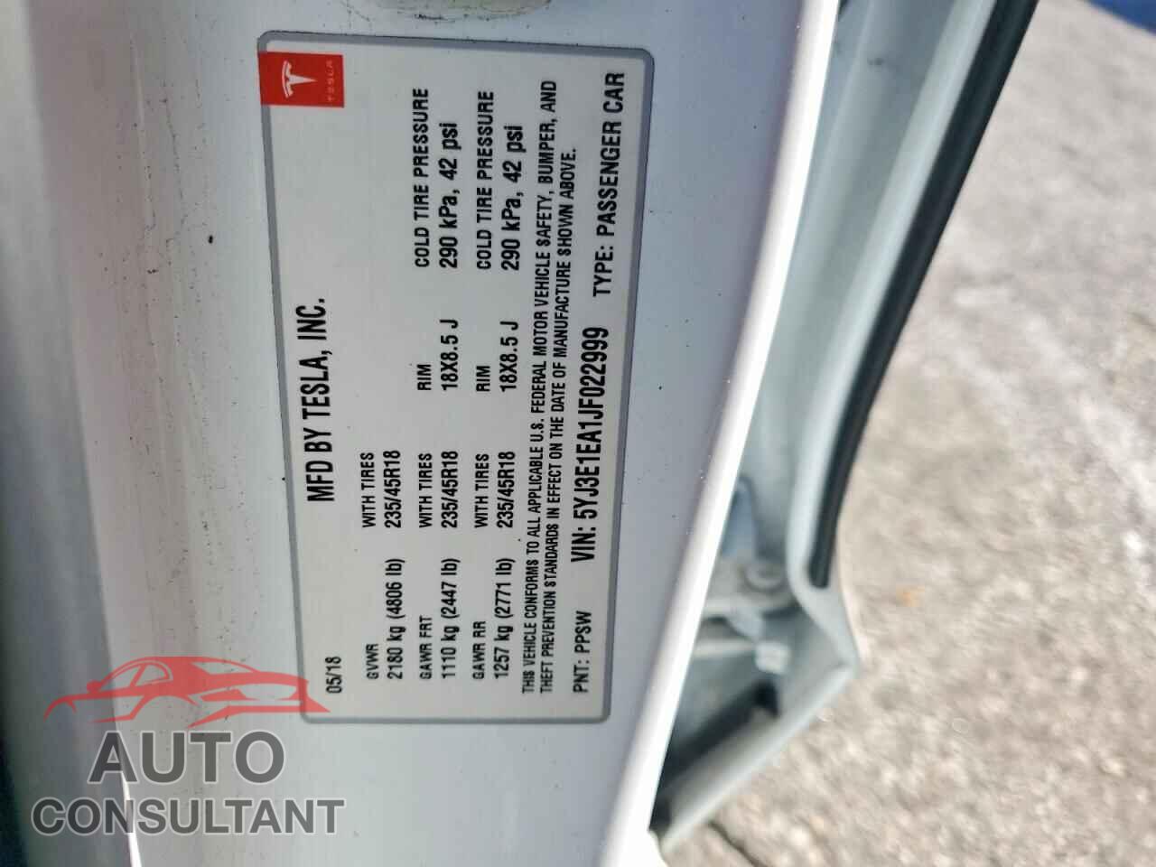 TESLA MODEL 3 2018 - 5YJ3E1EA1JF022999