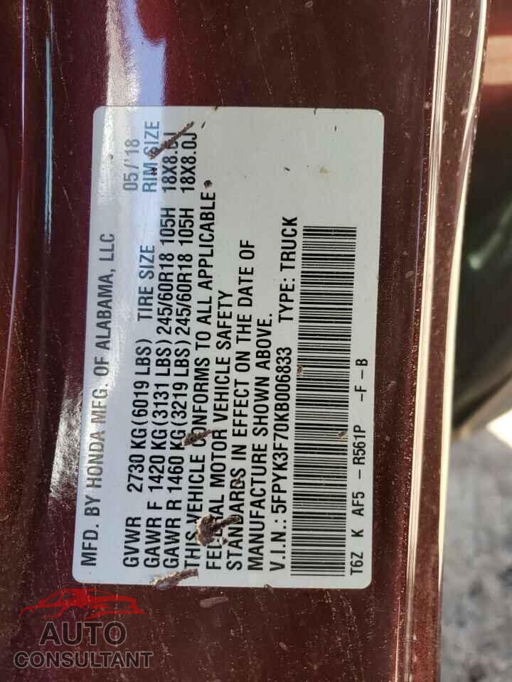 HONDA RIDGELINE 2019 - 5FPYK3F70KB006833