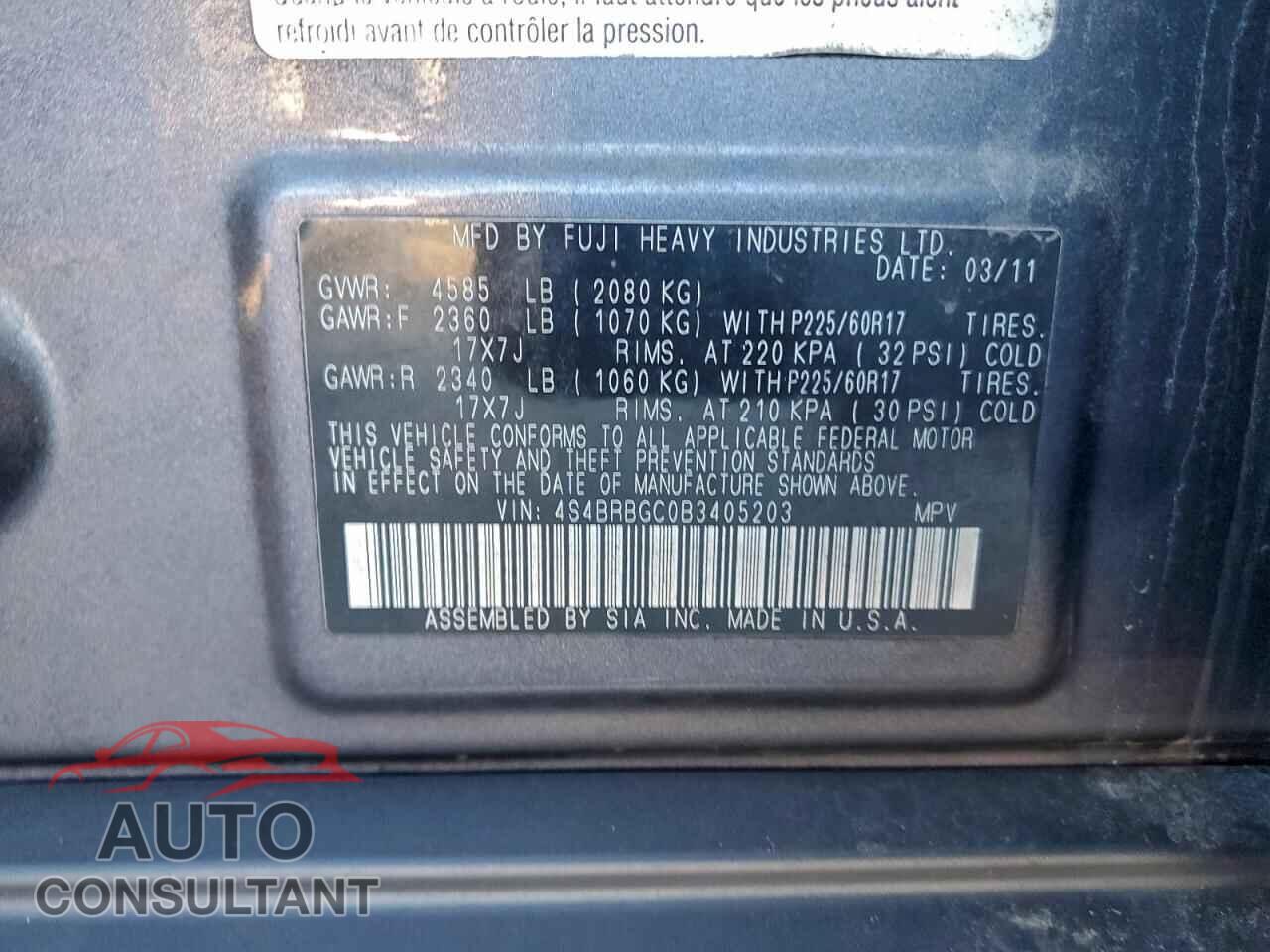 SUBARU OUTBACK 2011 - 4S4BRBGC0B3405203