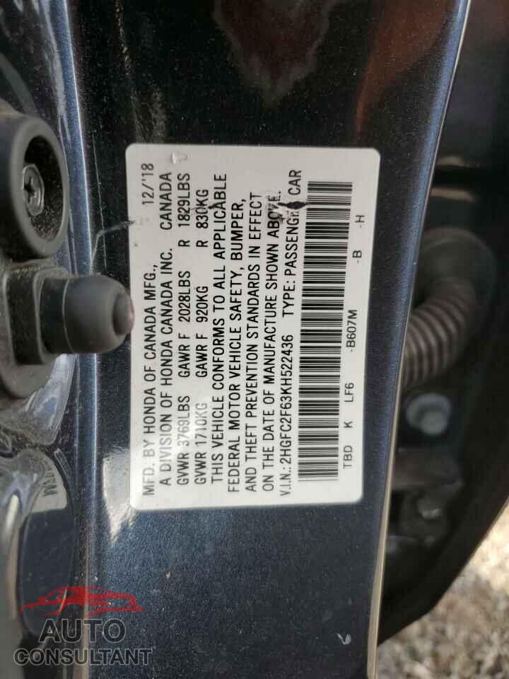 HONDA CIVIC 2019 - 2HGFC2F63KH522436