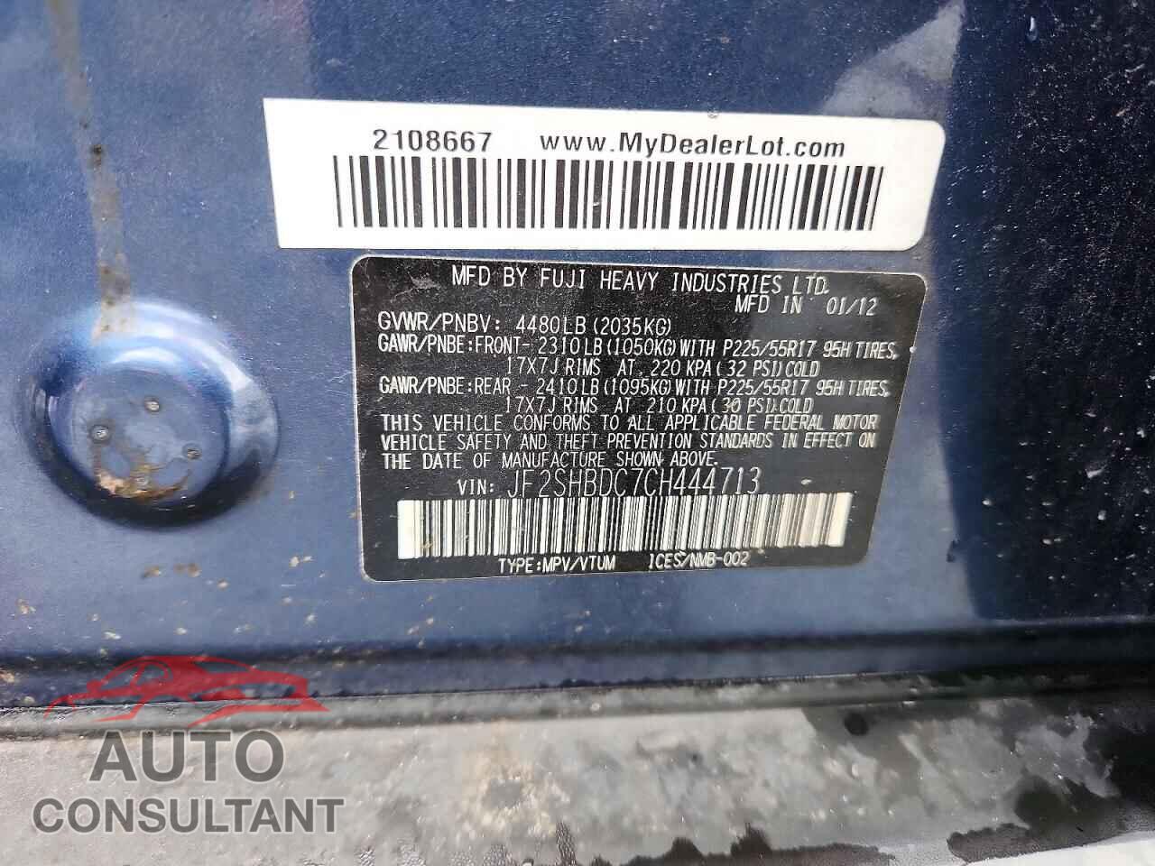 SUBARU FORESTER 2012 - JF2SHBDC7CH444713