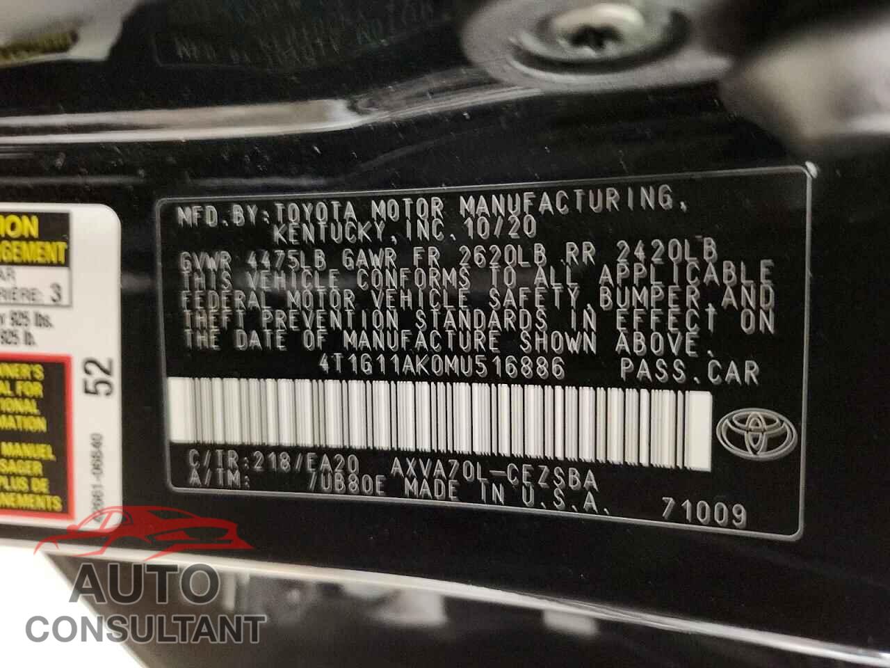 TOYOTA CAMRY 2021 - 4T1G11AK0MU516886