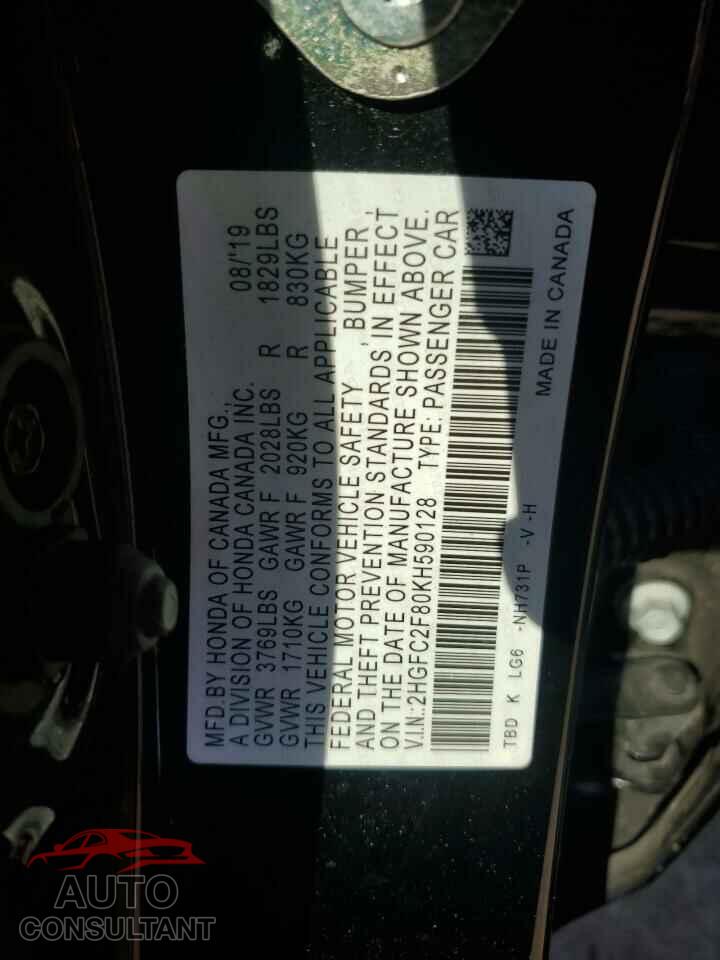 HONDA CIVIC 2019 - 2HGFC2F80KH590128
