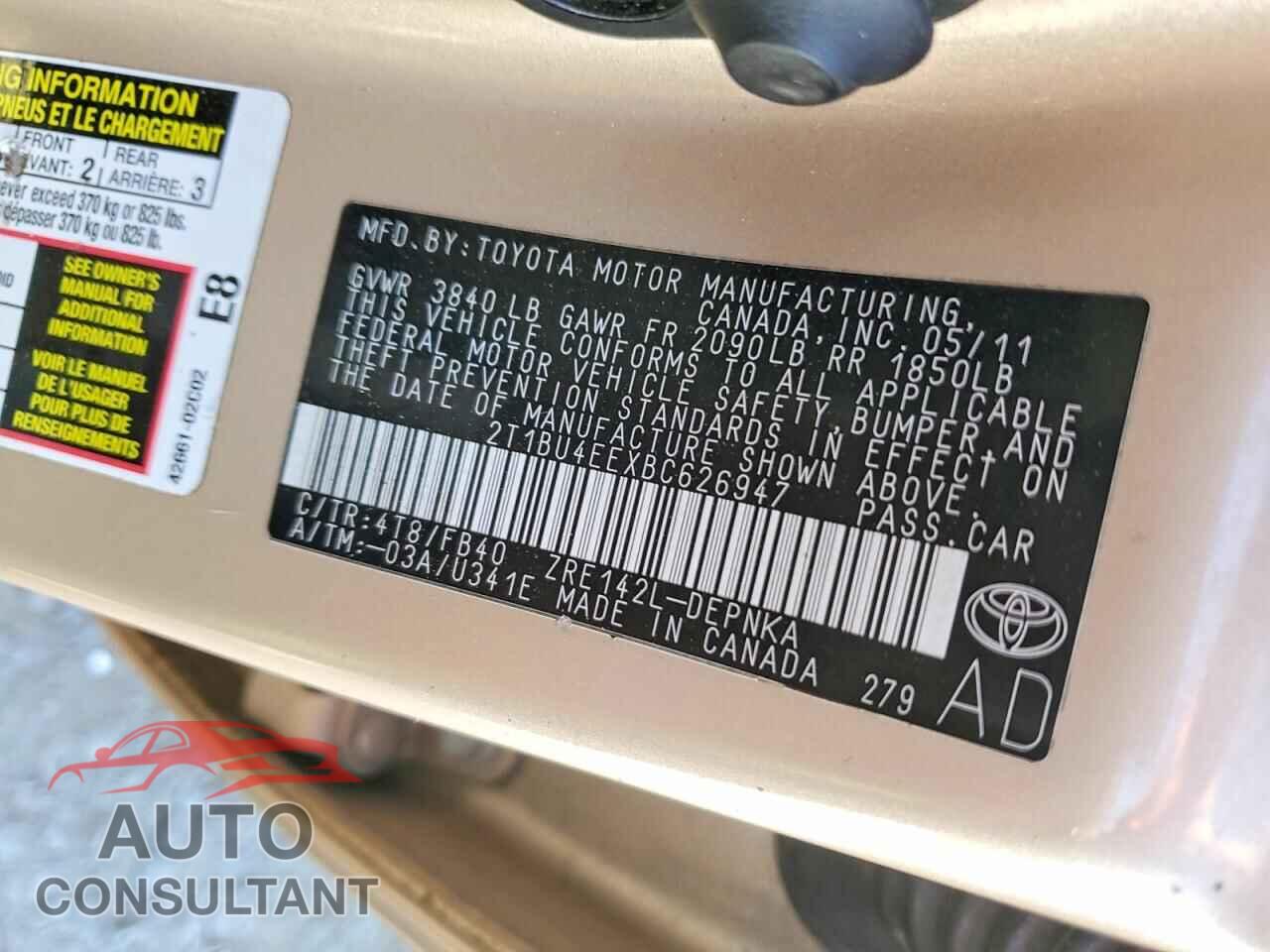 TOYOTA COROLLA 2011 - 2T1BU4EEXBC626947