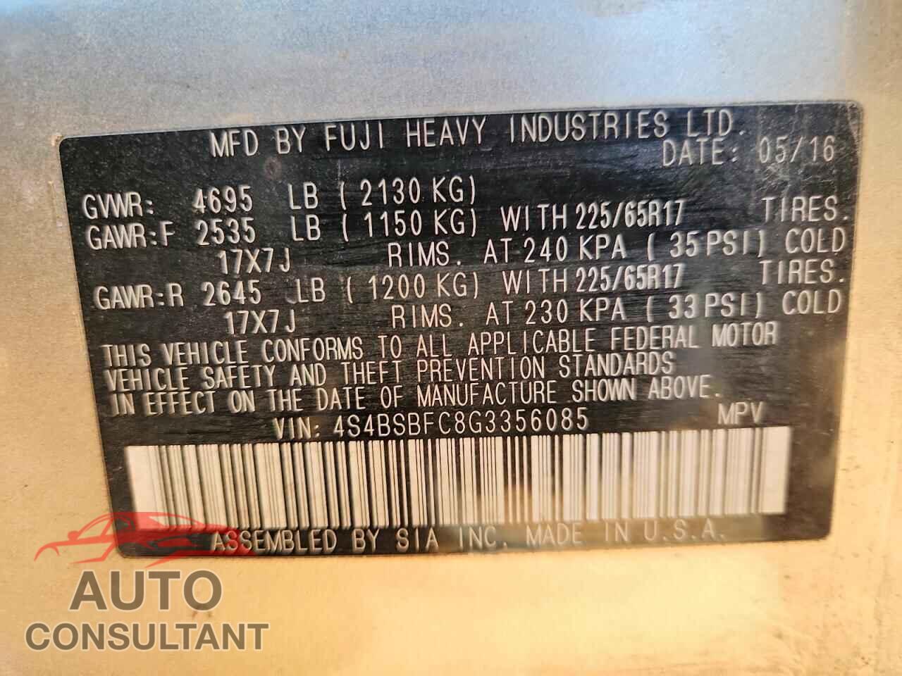 SUBARU OUTBACK 2016 - 4S4BSBFC8G3356085