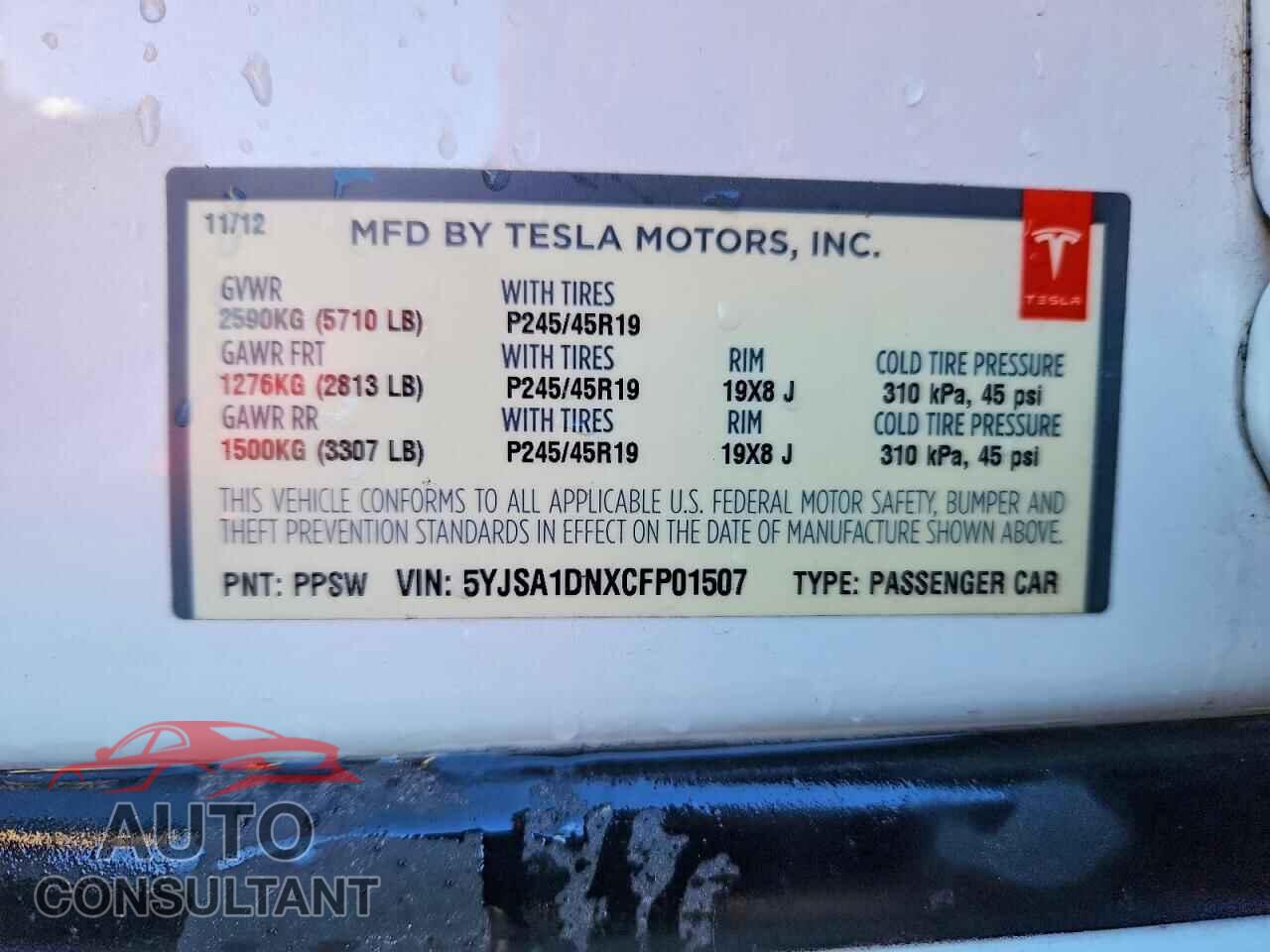 TESLA MODEL S 2012 - 5YJSA1DNXCFP01507