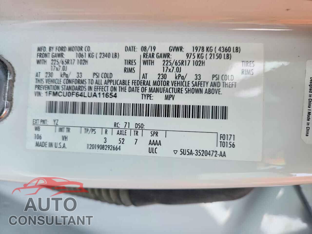 FORD ESCAPE 2020 - 1FMCU0F64LUA11654