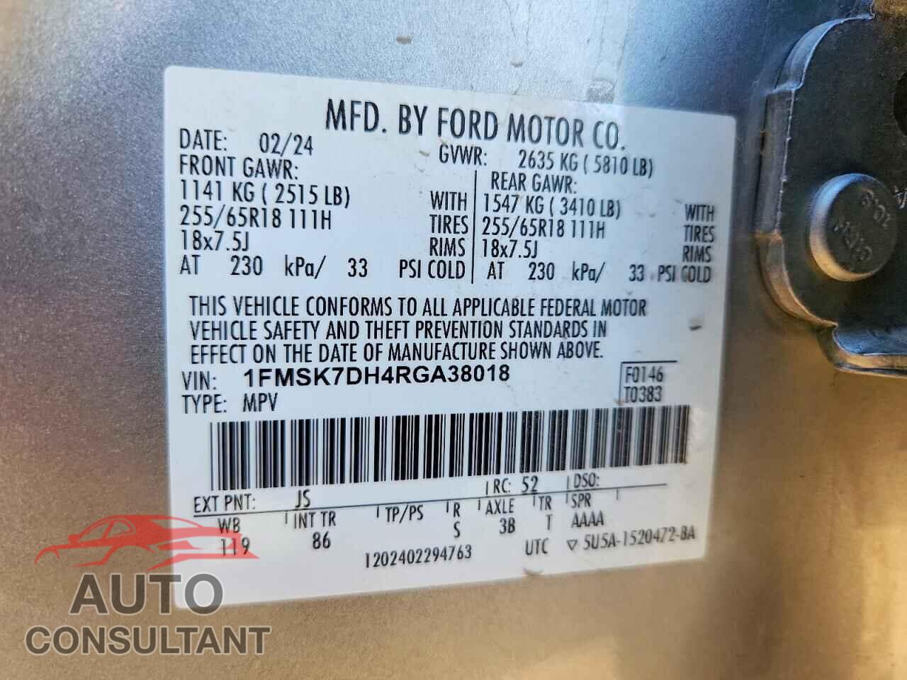 FORD EXPLORER 2024 - 1FMSK7DH4RGA38018