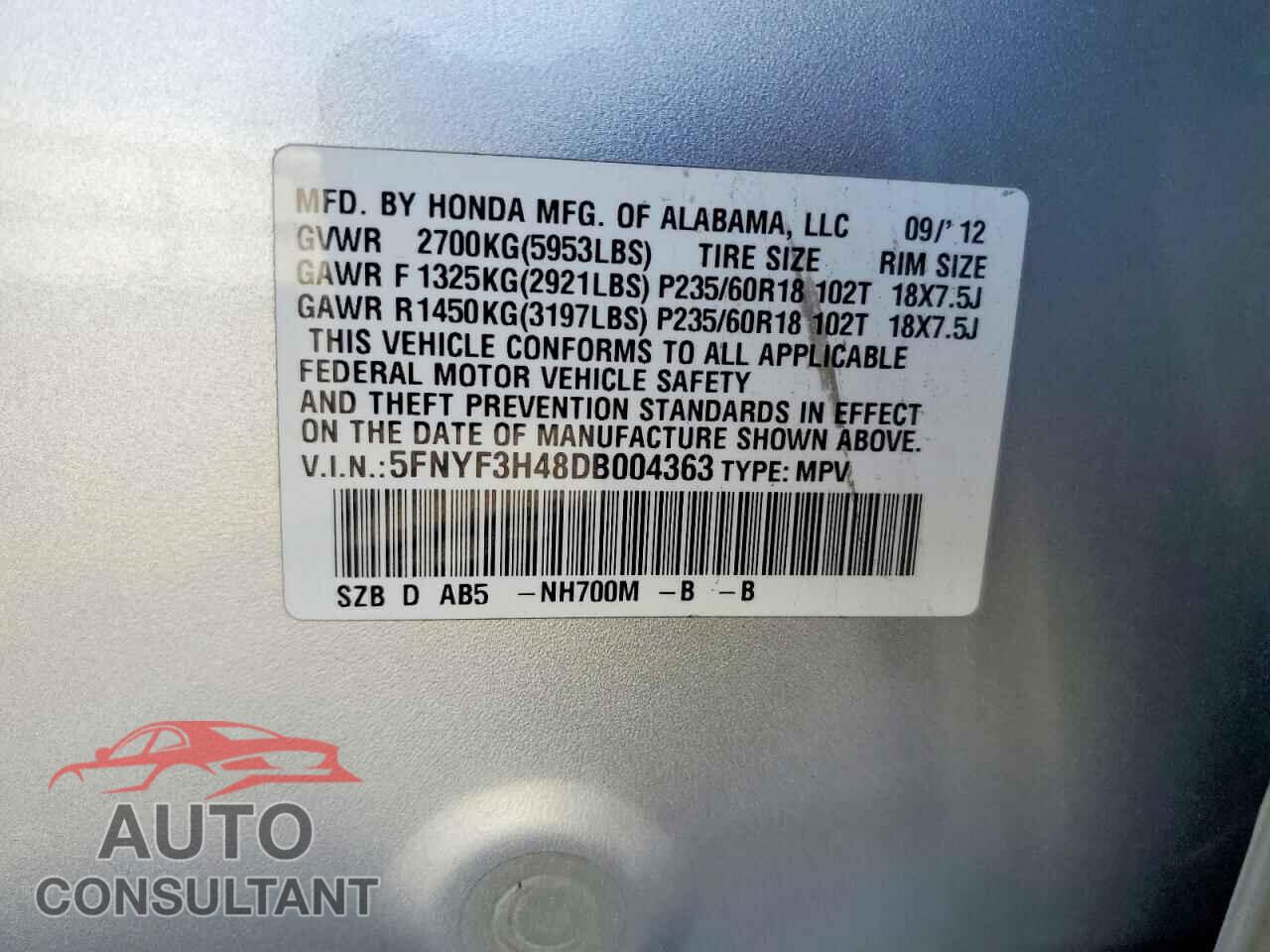 HONDA PILOT 2013 - 5FNYF3H48DB004363
