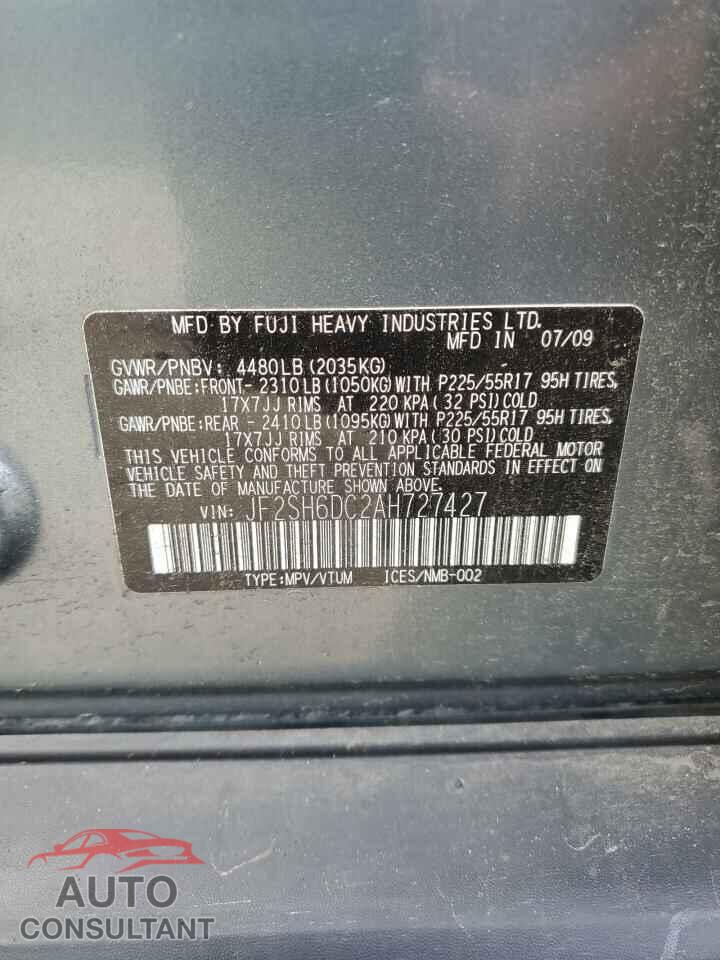 SUBARU FORESTER 2010 - JF2SH6DC2AH727427