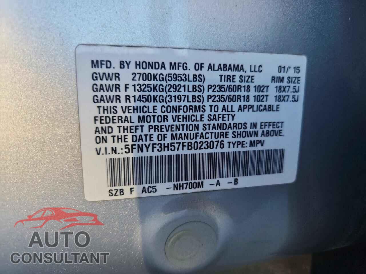 HONDA PILOT 2015 - 5FNYF3H57FB023076