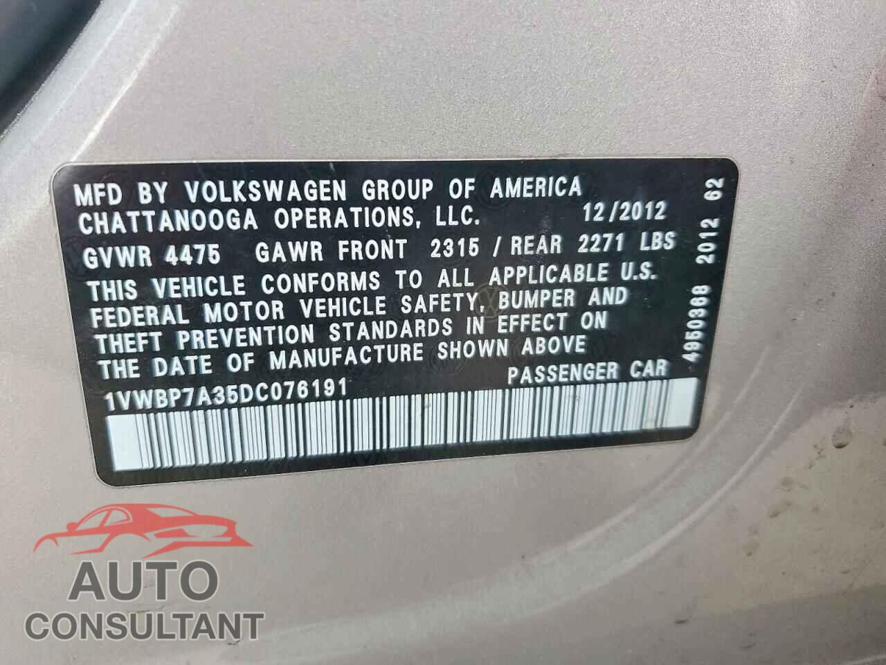 VOLKSWAGEN PASSAT 2013 - 1VWBP7A35DC076191