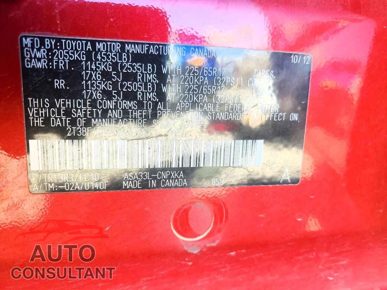TOYOTA RAV4 2012 - 2T3BF4DV7CW254664