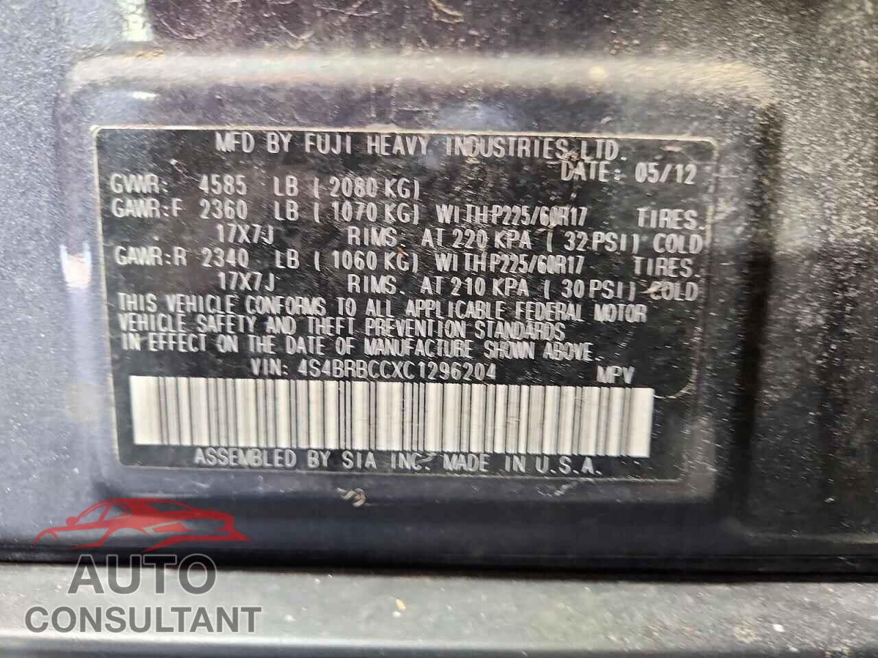 SUBARU OUTBACK 2012 - 4S4BRBCCXC1296204