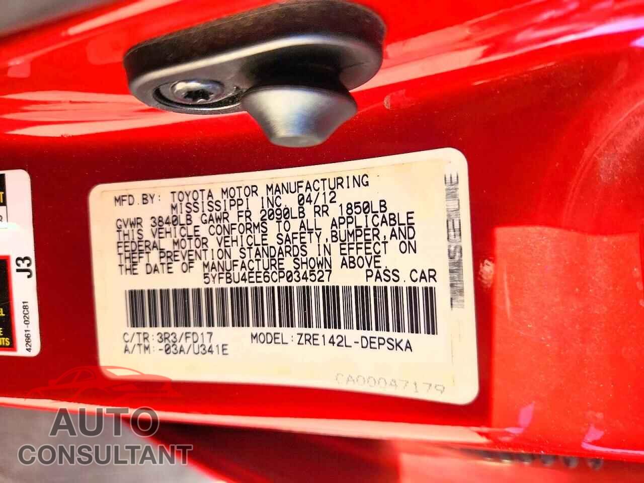 TOYOTA COROLLA 2012 - 5YFBU4EE6CP034527