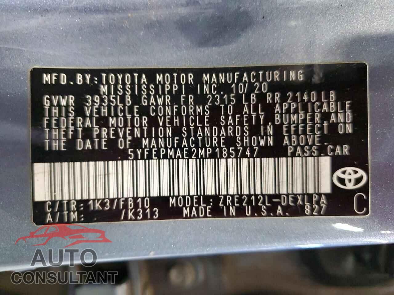 TOYOTA COROLLA 2021 - 5YFEPMAE2MP185747