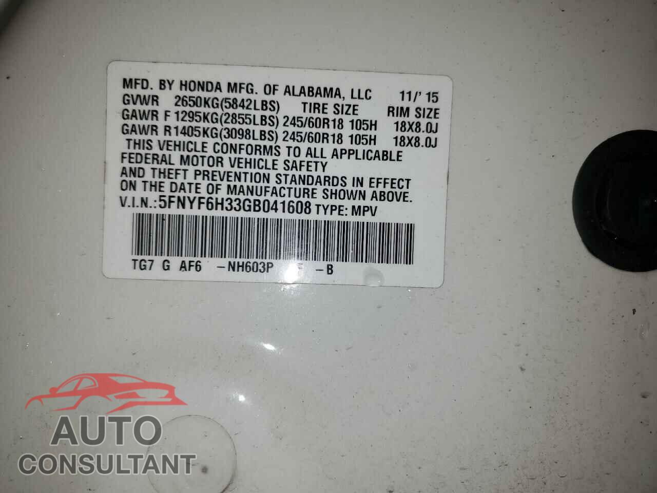 HONDA PILOT 2016 - 5FNYF6H33GB041608