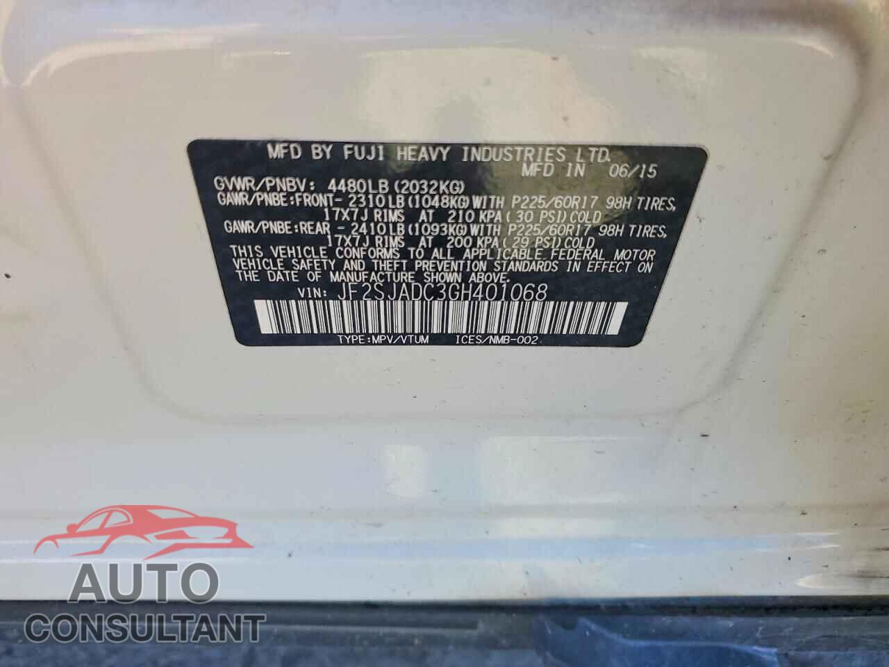 SUBARU FORESTER 2016 - JF2SJADC3GH401068