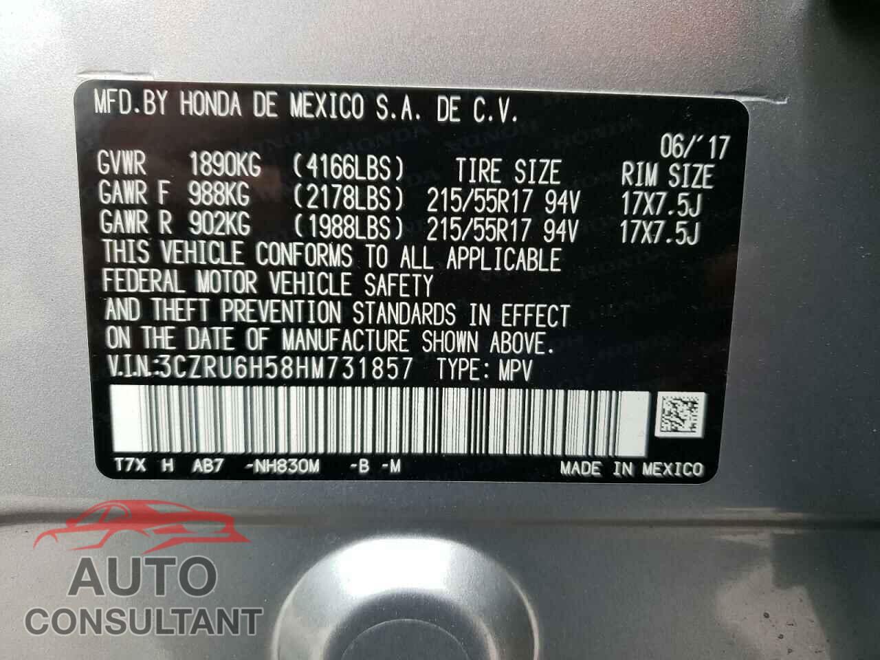 HONDA HR-V 2017 - 3CZRU6H58HM731857