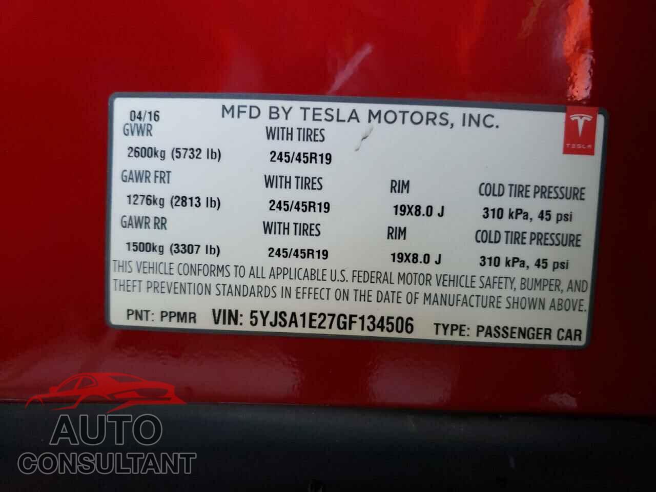 TESLA MODEL S 2016 - 5YJSA1E27GF134506