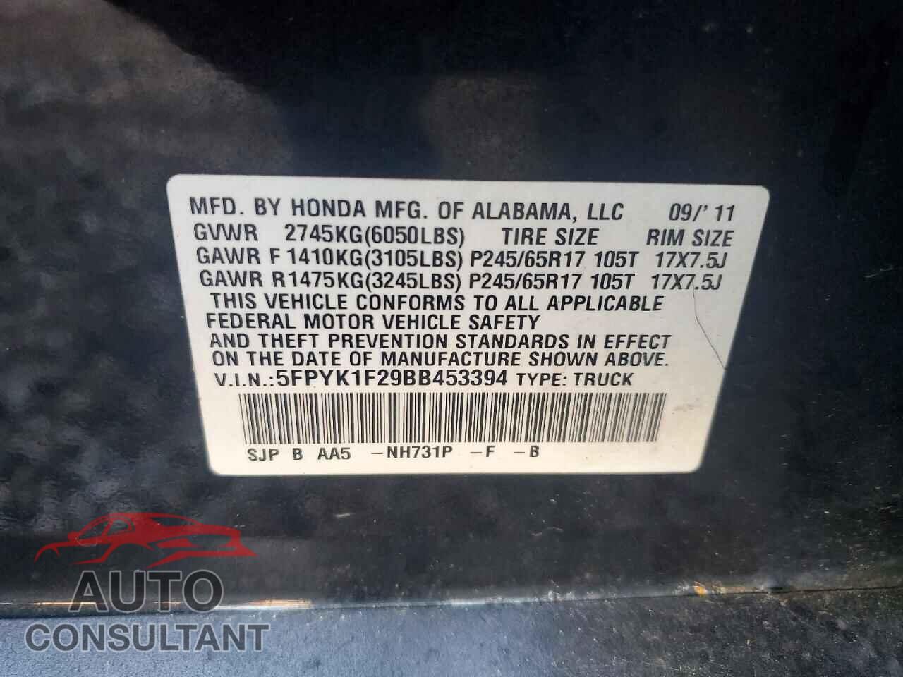 HONDA RIDGELINE 2011 - 5FPYK1F29BB453394
