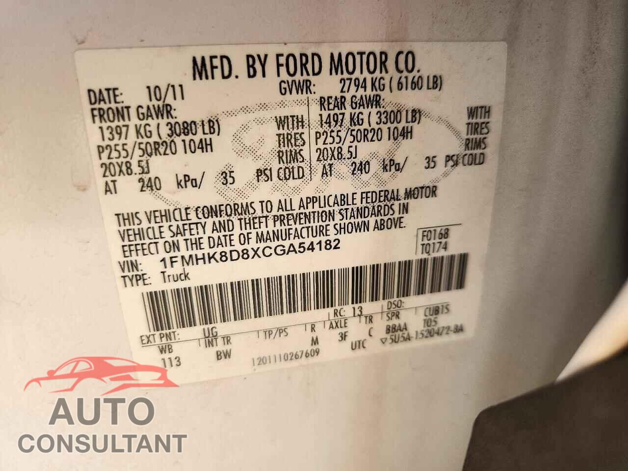 FORD EXPLORER 2012 - 1FMHK8D8XCGA54182