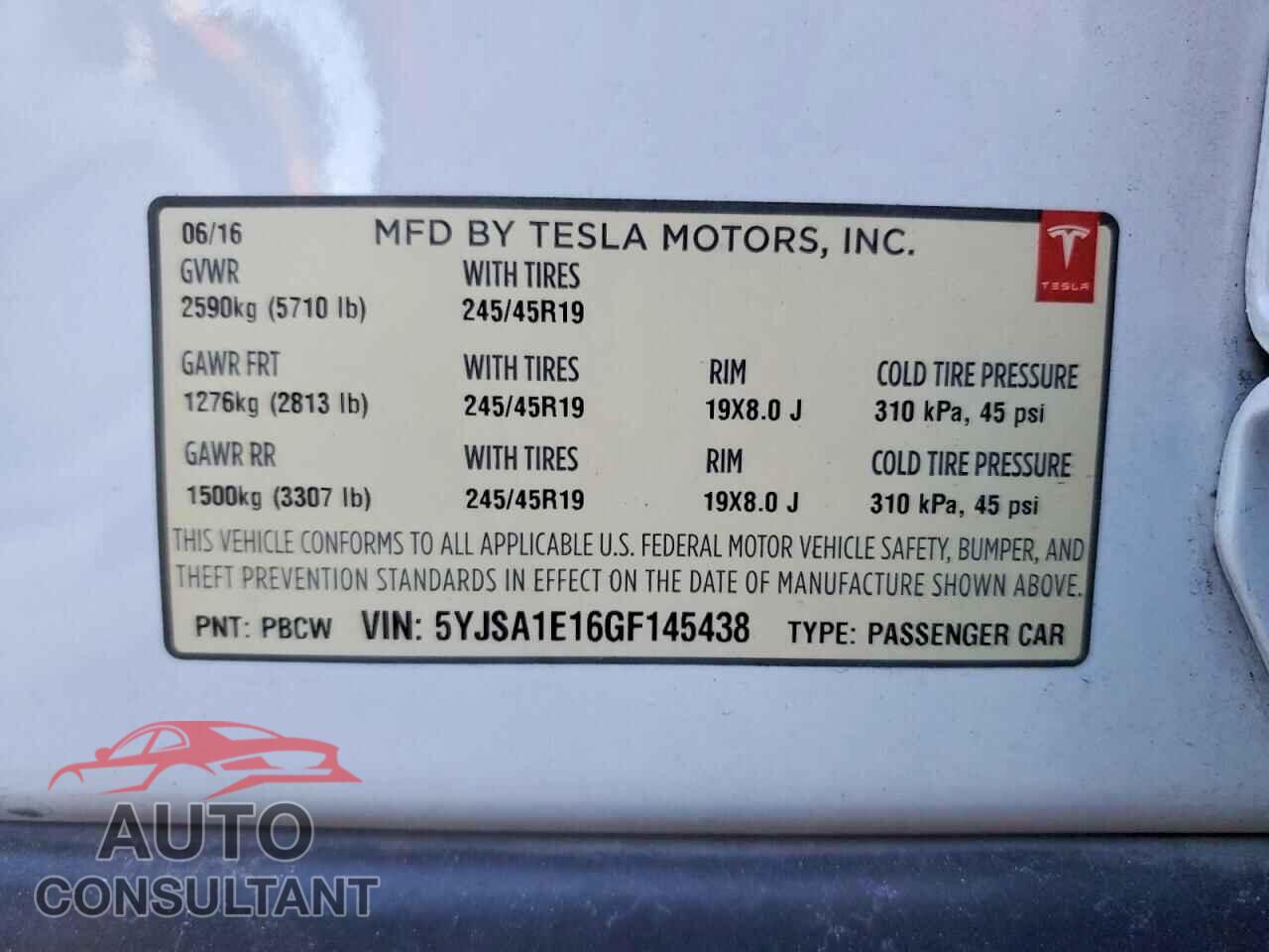 TESLA MODEL S 2016 - 5YJSA1E16GF145438