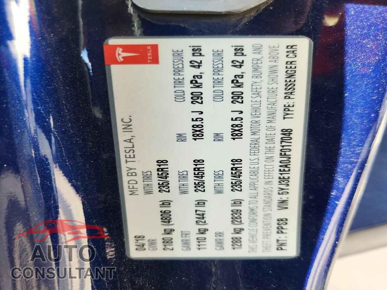 TESLA MODEL 3 2018 - 5YJ3E1EA0JF017048