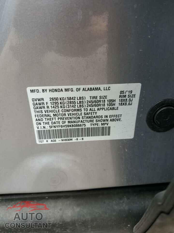 HONDA PILOT 2019 - 5FNYF6H59KB086675