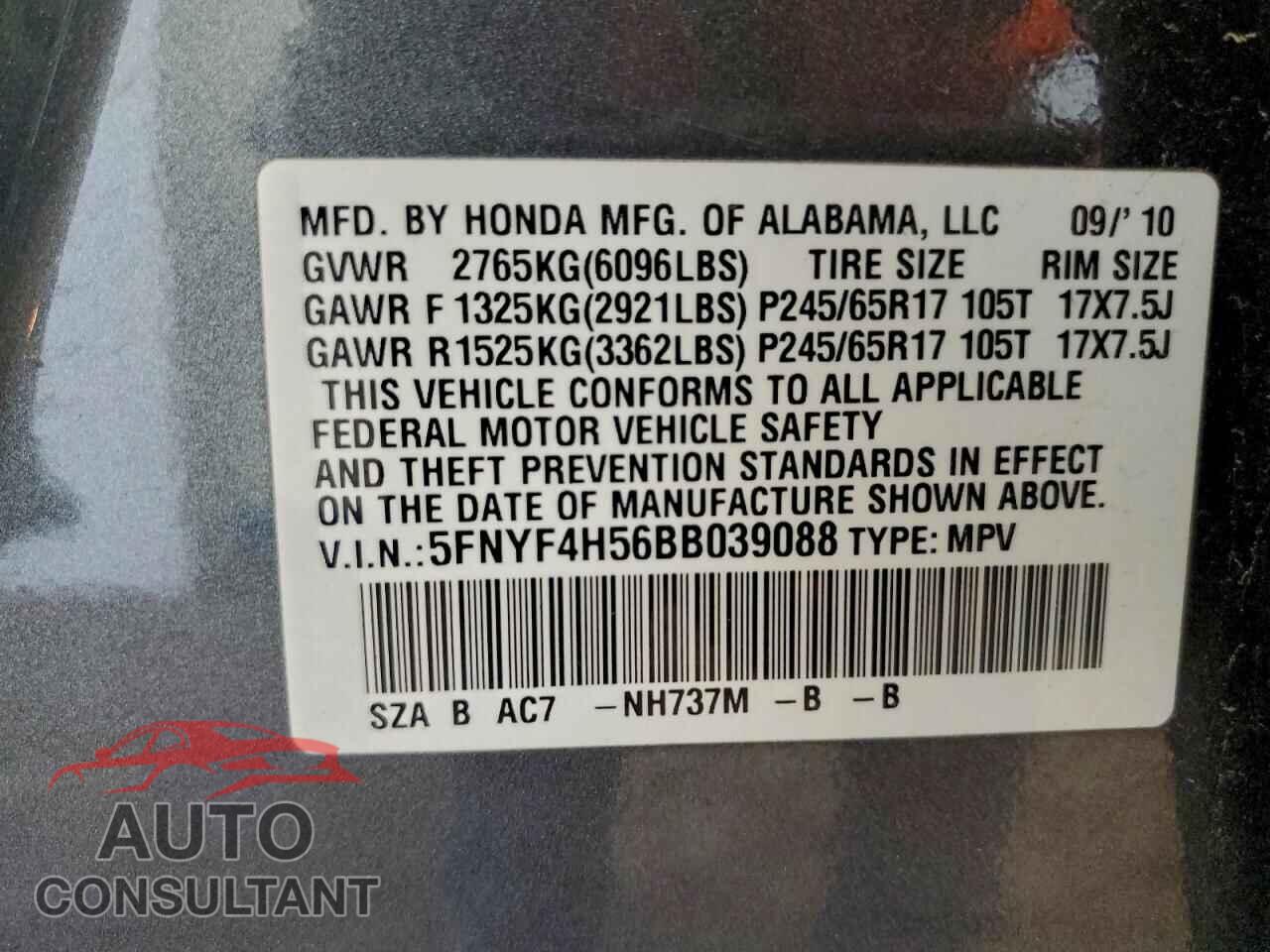 HONDA PILOT 2011 - 5FNYF4H56BB039088