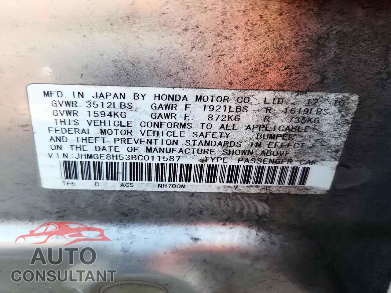 HONDA FIT 2011 - JHMGE8H53BC011587