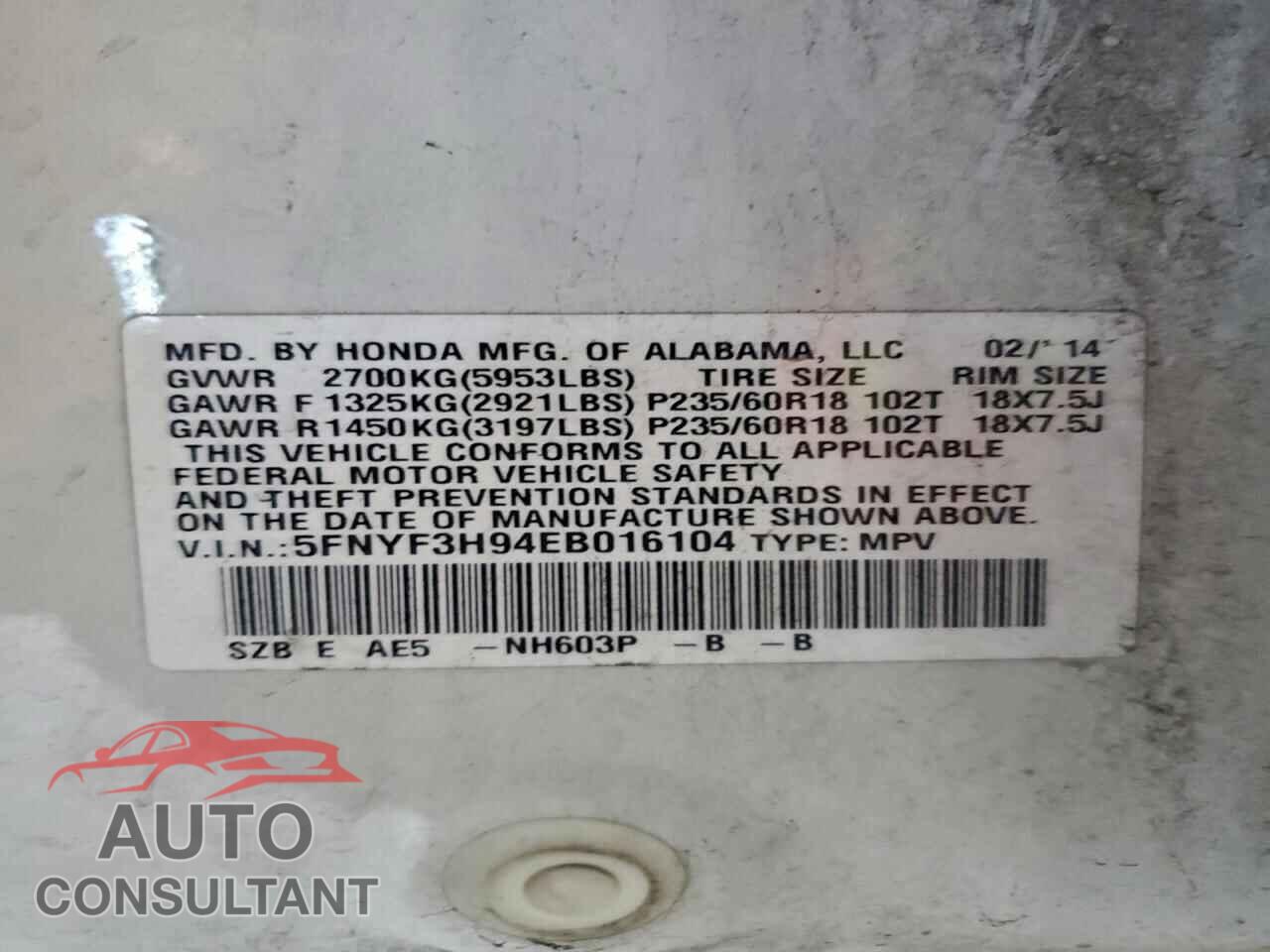 HONDA PILOT 2014 - 5FNYF3H94EB016104